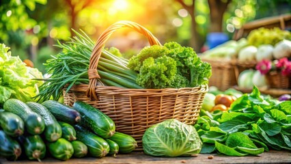 A wicker basket overflowing with fresh, vibrant green vegetables, showcasing the abundance of nature's bounty and the essence of healthy eating.