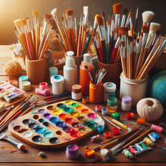 Creative workspace featuring art supplies arranged on a wooden table in a cozy setting during the afternoon light
