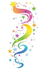 Vibrant swirl of colorful stars and flowing rainbow arcs on white