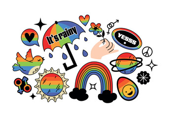 Set of colorful gender stickers in retro cartoon style. Flat vector illustration, symbol, icon. LGBTQI pride month celebration, tolerance, June, orientation, gender, rainbow, equality, gay, lesbian.