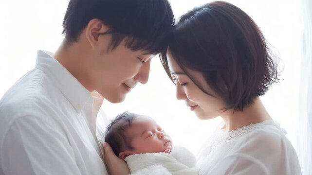 新生児を抱く日本人夫婦の穏やかな家族の瞬間