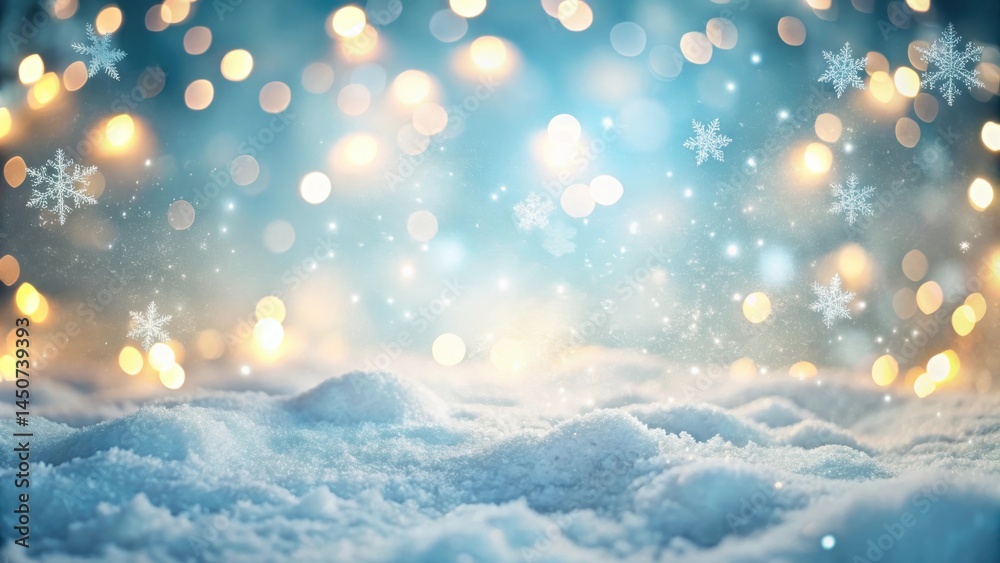 Poster a soft, blue and white winter scene with sparkling lights and delicate snowflakes, creating a magica