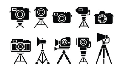 Obraz premium Camera and Video Equipment Icons Vector Set Tripods DSLR Action Cameras Studio Gear.