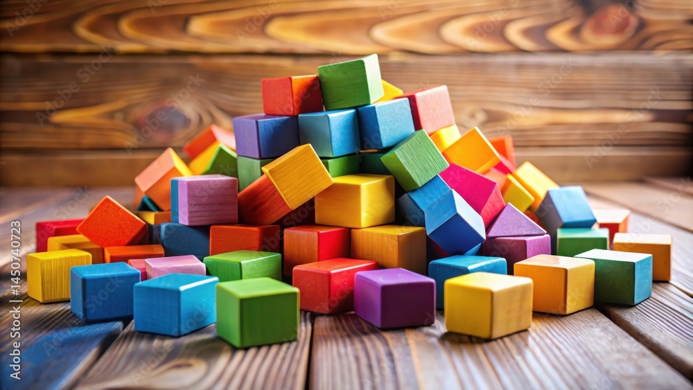 Poster a pile of colorful wooden blocks on a rustic wood surface, representing the endless possibilities of