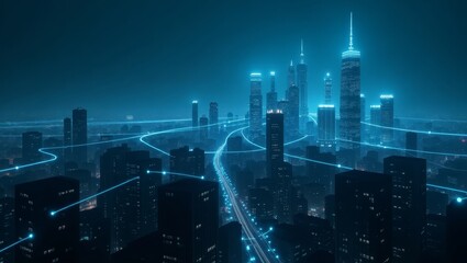 Smart city skyline with glowing digital data lines — perfect for urban tech presentations and IoT platform visuals