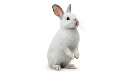 Obraz premium A white rabbit standing on its hind legs against a plain white background in a studio setting