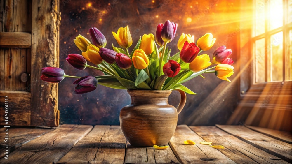 Poster a bouquet of colorful tulips in a rustic earthenware jug, bathed in warm sunlight streaming through 