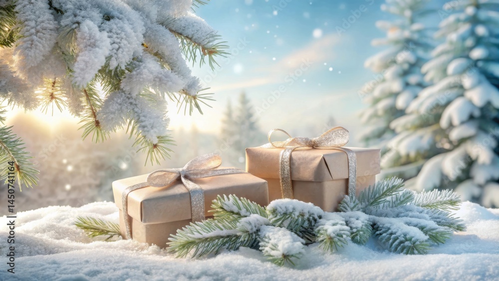 Poster two wrapped gifts resting on snowy ground with evergreen boughs in the foreground and a wintery fore