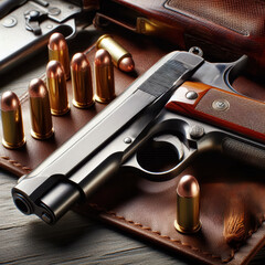 Detailed display of handguns and ammunition arranged on a leather surface showcasing meticulous craftsmanship and design elements