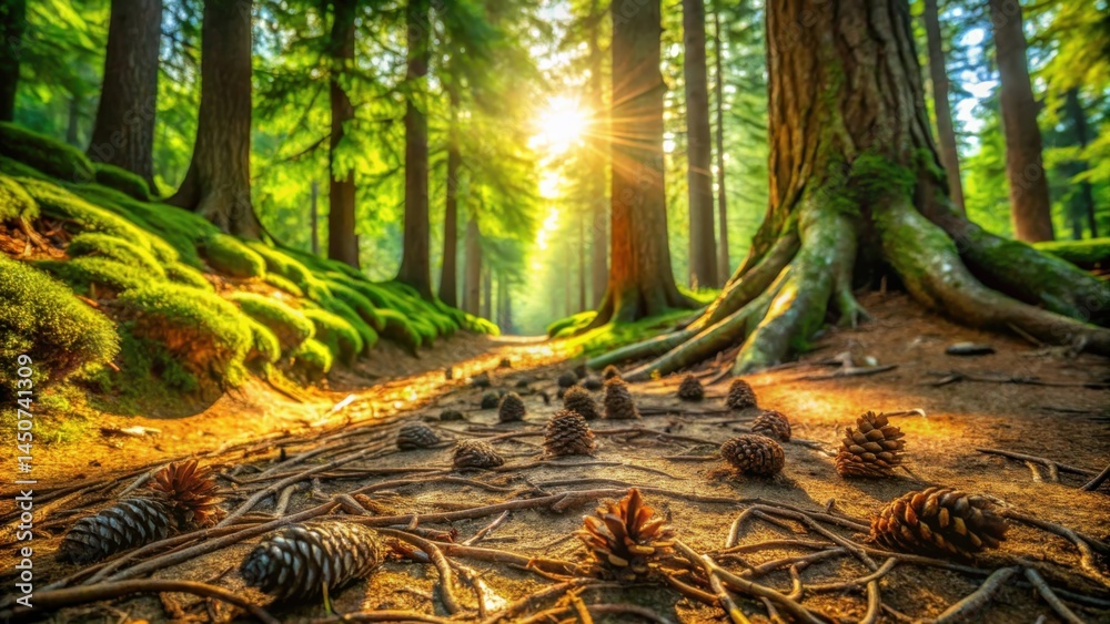 Poster a sun-drenched forest path illuminated by golden rays, with a carpet of fallen pine cones scattered 