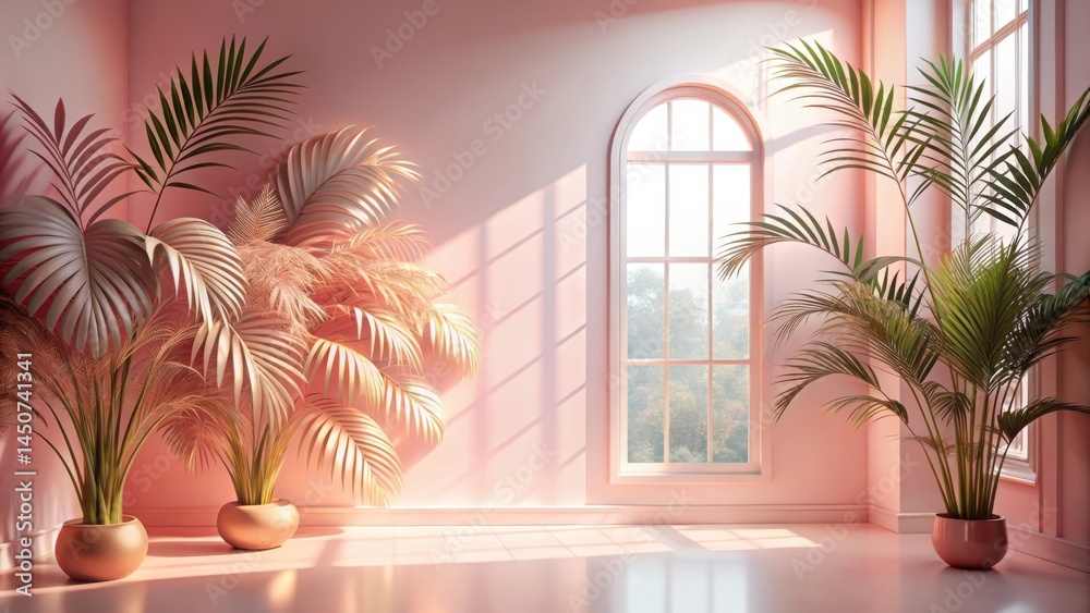Poster Sunlight streams through a window illuminating a pink room with potted palm trees and a soft pink floor