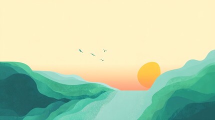 A painting of a mountain range with a sunset in the background