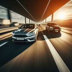 Two cars speeding on a highway during sunset with beautiful light and shadow play