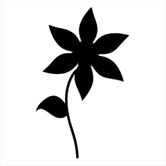 Striking Single Black Flower with Stem and Leaves on White Background