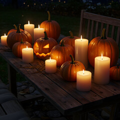 Obraz premium A halloween display with pumpkins and candles on a wooden bench at night creating a spooky scene
