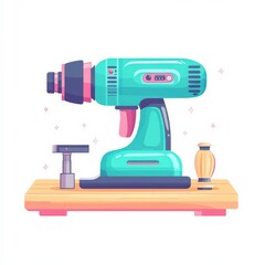 Fototapeta premium A teal electric drill and tools illustrated on a wooden workbench, with a clean, colorful, and modern design style.