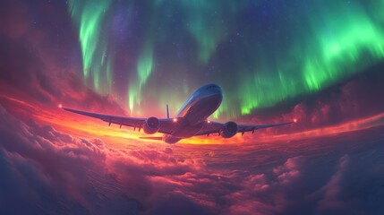 Fototapeta premium Airplane soaring through aurora borealis
