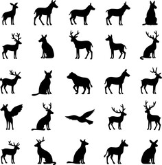 Fototapeta premium ​Black wildlife silhouettes set including deer, wolves, and wild animals isolated on white background.