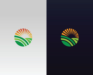 Sunrise over Fields with Leaf Logo Design Modern Creative Vector Template.