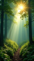Sunlit mist hangs over lush green forest, open area, view, calm