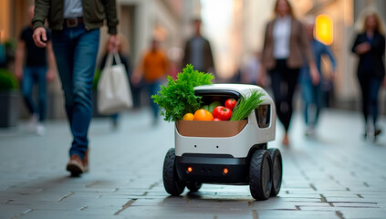 Brightly colored fruits and vegetables fill a small delivery robot as it navigates a bustling urban street. Pedestrians stroll by, engaged in evening activities and conversations.