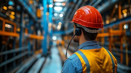 A safety-equipped worker attentively monitors a busy warehouse to ensure productivity and safety