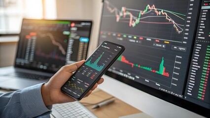 Stock trader hand holding phone analyzing financial data graphs on multiple screens.