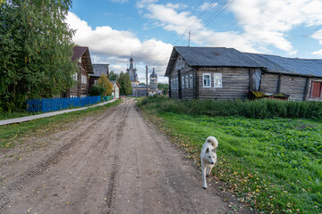 A street of an old Pomor village with a row of log houses.