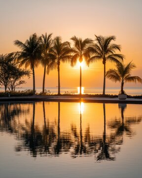 sunrise over the ocean with silhouettes of palm trees, soft golden light reflecting on water, calm tropical morning