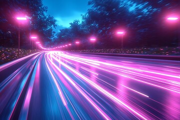 Obraz premium Neon-lit highway at night, speeding cars