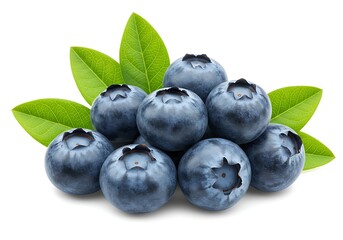 Fototapeta premium A close up of a pile of blueberries with green leaves isolated on a white background in bright light