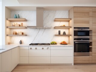 Modern, light-filled kitchen with open shelving, featuring a marble backsplash and warm-toned wood cabinetry.  Floating shelves display decorative items and fruit