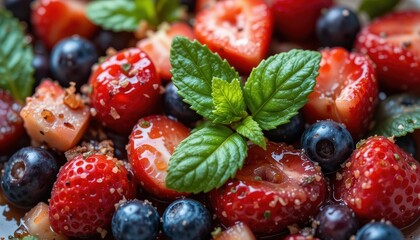 Obraz premium Close-up of a vibrant berry salad juicy strawberries, blueberries, and a hint of honey, topped with fresh mint.