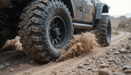 Aggressive Off-Road Tire Traction Close-Up of Mud and Gravel Spray from a Rugged Tire on a Rocky Trail