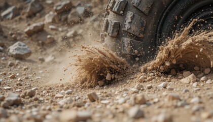 Obraz premium Rugged Off-Road Tire Kicking Up Dust and Gravel on Rocky Terrain Extreme Close-Up