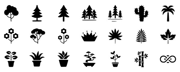 Black icon set of trees plants and floral elements