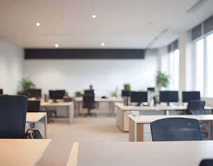 Fototapeta premium Blurred office interior space background. Working space with defocused effect. Business concept, business office interior with laptop