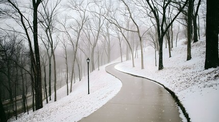 trail winding through a winter forest with soft light and falling snow
