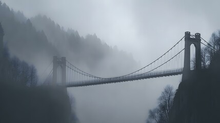 bridge hanging over a deep forest canyon surrounded by fog
