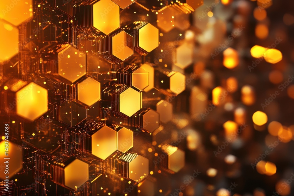 Fototapete Complex hexagonal shapes create a mesmerizing abstract background with golden hues and depth, abstract background of complex hexagonal shapes the concept of computer memory technology