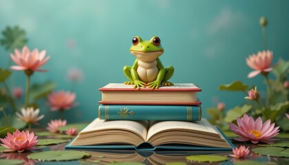Charming Frog on a Stack of Books Surrounded by Lily Pads and Flowers A Whimsical Illustration