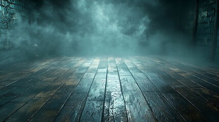 Dark, misty room with wooden floor
