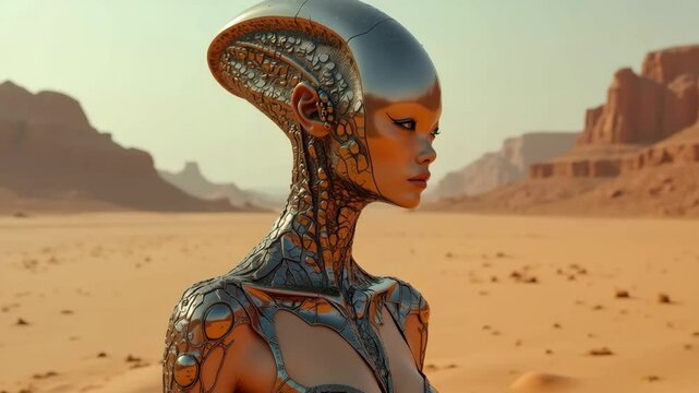 Futuristic cyborg exploring desert landscape