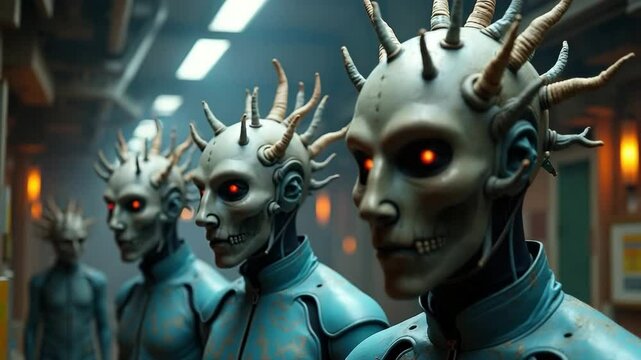 Alien cyborgs with glowing eyes horns in futuristic setting