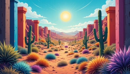 Vibrant Desert Landscape Illustration Colorful Cacti, Sun, and Architectural Columns
