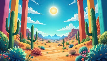 Vibrant Desert Landscape Illustration Colorful Cacti, Sun, and Architectural Columns