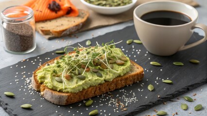 Healthy Breakfast of Avocado Toast with Microgreens, Seeds, and Black Coffee on Slate Board
