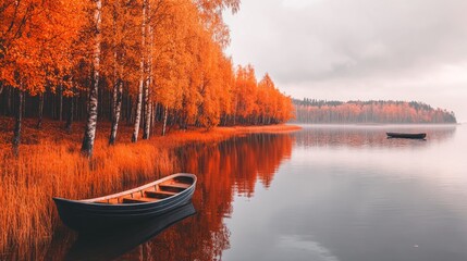 Autumn lake with boats and vibrant orange trees