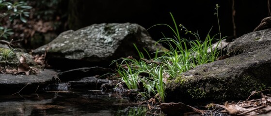 Fototapeta premium Tranquil stream with vibrant green grass and mossy rocks in a serene forest setting creating a peaceful and natural atmosphere with a low angle perspective