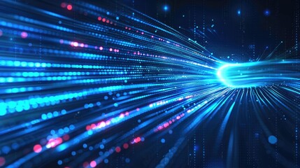 Fototapeta premium Abstract blue digital network background with lines and nodes. Digital artwork of glowing digital wave waving and flowing at black background. Technology innovation and data visualization. AIG55.